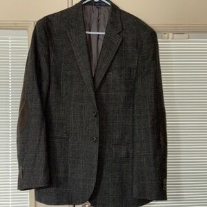 Jos A Bank Signature Sport Coat Mens 44R Elbow Patch Gray Windowpane Wool Blazer